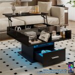 Table basse relevable avec led contr�le par app et tiroir table de verre avec compartiment ouvertes moderne ...