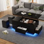 Table basse relevable � led avec rangement cach� 2 tiroirs + 2 tabourets table de canap� brillante 100�50�45cm ...