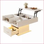 Table basse relevable - table basse led avec rangement &amp hauteur r�glable design moderne blanc pour ...