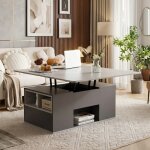 Table basse relevable multifonction - 100x51x47cm - double plateau gris avec coffres cach�s et tiroirs ...