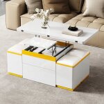 Table basse relevable multifonctionnelle 3 en 1 avec tiroir et 4 tabourets transformable en table � manger ...