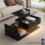 Table basse relevable noir brillant avec led contr�le par appli et plateau en verre table basse coffre ...