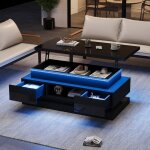 Table basse relevable noire 100x50x40cm 2 tiroirs led laqu�e brillante rangement dissimul� console panneaux ...
