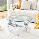 Table basse rond 79x45 cm - plateau verre tremp� 08 cm - pieds mdf marbre blanc - structure crois�e - ...