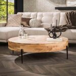Table basse ronde 120x120x35 cm en acacia naturel et m�tal gris fonc�
