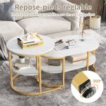 Table basse ronde - lot de 2 - andeonline - 80x52 cm - style moderne - blanc et dor� - motif marbr� - ...