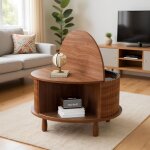 Table basse - table de salon avec rangement ronde 78cm plateau rabattable et porte coulissante - pieds ...