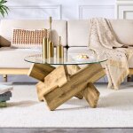 Table basse ronde � 79 � 45 cm avec plateau verre transparent support crois� mdf couleur naturelle pour ...