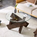 Table basse ronde � 79 � 45 cm avec plateau verre transparent support crois� mdf marron pour salon