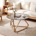 Table basse ronde 80 cm costway plateau en verre tremp� pieds m�tallique en forme de v patins r�glables ...