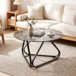 Table basse ronde 80 cm costway plateau en verre tremp� pieds m�tallique en forme de v patins r�glables ...