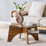 Table basse ronde � 80 cm en verre de s�curit� transparent structure �ventail mdf effet noyer h 36 cm ...