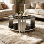 Table basse ronde 80 cm verre tremp� noir double plateau pied acier argent� design luxe table centrale ...