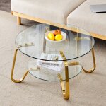 Table basse ronde bellemave - verre tremp� double couche structure en m�tal dor� style r�tro minimaliste ...