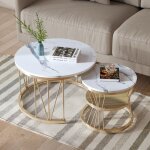 Table basse ronde - bois marbre et pieds m�tal - table basse gigogne - support en forme de v - d 70 / ...
