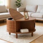 Table basse ronde � clapet - table de salon en bois avec rangement - compartiment ouvert - porte coulissante ...