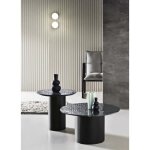 Table basse ronde dixon 45 - m�tal noir - plateau en verre martel� fum�