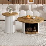 Table basse ronde double (2 pi�ces) blanc&natural 75x75x50cm + 45x45x35cm ? plateaux bois multifonctionnelle ...