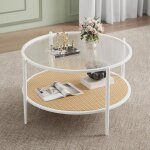 Table basse ronde - lunsy - design boh�me moderne - double plateau - �tag�re en rotin - plateau en verre ...