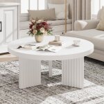 Table basse ronde - lunsy - pieds cannel�s - 85x85x40 cm - blanc - style mid - century modern