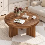 Table basse ronde - lunsy - pieds cannel�s - 85x85x40 cm - marron - style mid - century modern