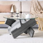 Table basse ronde en mdf et verre - gris - pieds en bois grain� - plateau en verre tremp� multicolore ...