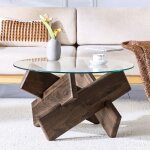 Table basse ronde en mdf et verre - noyer - pieds en bois grain� - plateau en verre tremp� multicolo ...