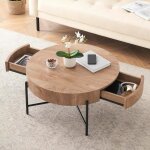 Table basse ronde moderne avec 2 tiroirsstyle contemporain bois massif ch�ne naturel pi�tement m�tal ...