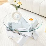 Table basse ronde moderne en verre tremp� table basse salon transparente avec pieds en blanc effet marbre ...