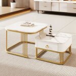 Table basse ronde - non spcifi - gigogne - aspect marbre brillant - accents dors - 60x60x45 cm