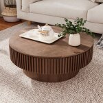 Table basse ronde noyer avec rangement int�gr� et design cannel�