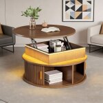 Table basse ronde relevable avec 2 portes coulissantes table dappoint avec led table de salon avec rangement ...