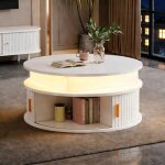 Table basse ronde relevable avec 2 portes coulissantes table dappoint avec led table de salon avec rangement ...