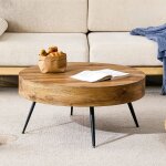 Table basse ronde - rncyn - 70 cm de diam�tre - effet bois - pieds en m�tal noir - hauteur 35. 5 cm - ...