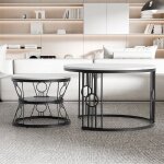 Table basse ronde set de 2 plateau lustr� rangement int�gr� cadre m�tal noir / blanc ? evryae