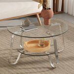 Table basse ronde - topesct - 80�45cm - plateau en verre tremp� double couche - structure en m�tal argent� ...