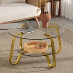 Table basse ronde - topesct - 80�45cm - verre tremp� double couche - cadre dor�