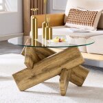 Table basse ronde transparent / bois 79x79x45cm cadre bois crois� cr�atif surface verre tremp� 08cm �paisseur ...