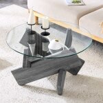 Table basse ronde en verre avec cadre en bois en forme de croix table dappoint de canap� - salon chambre ...
