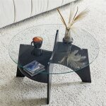 Table basse ronde verre tremp� et bois table basse�salon transparente moderne design avec pieds en noir ...