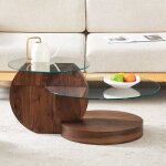Table basse ronde verre tremp� avec �tag�res 2 niveaux mdf d�cor noyer transparent