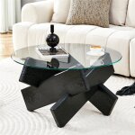 Table basse ronde en verre tremp� avec pieds en bois noir table basse salon moderne design transparente ...