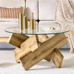 Table basse ronde en verre tremp� avec pieds en bois noyer clair table basse de salon moderne design ...