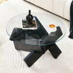 Table basse ronde en verre tremp� table basse salon moderne design transparente avec pieds en bois noir ...