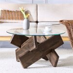 Table basse ronde en verre tremp� table de salon moderne design transparente avec pieds cadre crois� ...