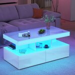 Table basse - rwudv - led - 2 tiroirs - blanc brillant - rectangulaire