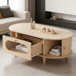 Table basse salon 100x50x36 cm couleur bois clair avec tiroir porte coulissante et 4 pieds de support ...