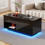 Table basse salon 100x50x55cm plateau relevable laqu� brillant led levage hydraulique rangement multiniveaux ...