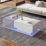 Table basse salon blanche laqu�e 100 x 50 x 32 cm 1 tiroir �clairage led style moderne