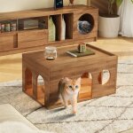 Table basse - table basse salon avec chati�re pour chat bois noyer espace pour animaux et rangement 80x50x40 ...